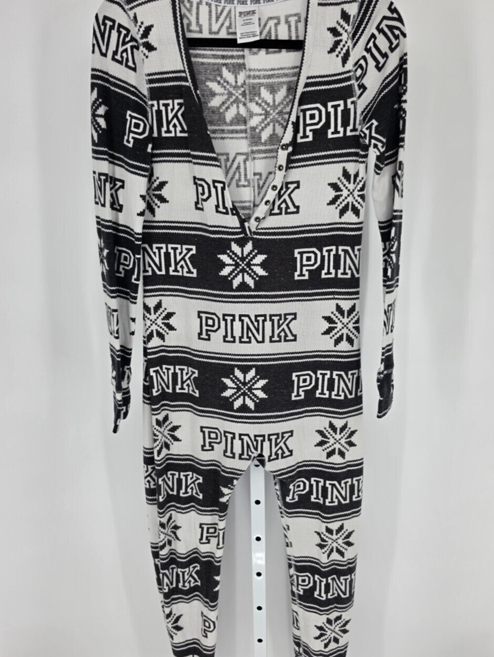 Victoria Secret Pink SLEEP ONE-PIECE Black&White Fair Isle Waffle Knit Pajama M